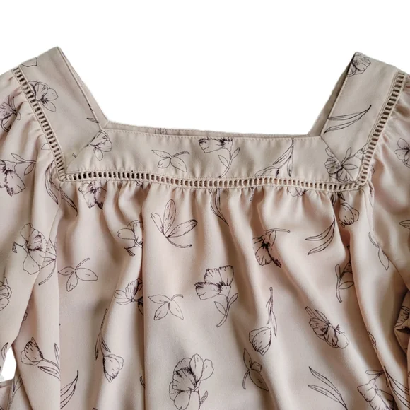 🌟 LC LAUREN CONRAD Light Peach Blouse Floral Peasant Balloon Sleeve Wm's Sz M - Picture 2 of 7